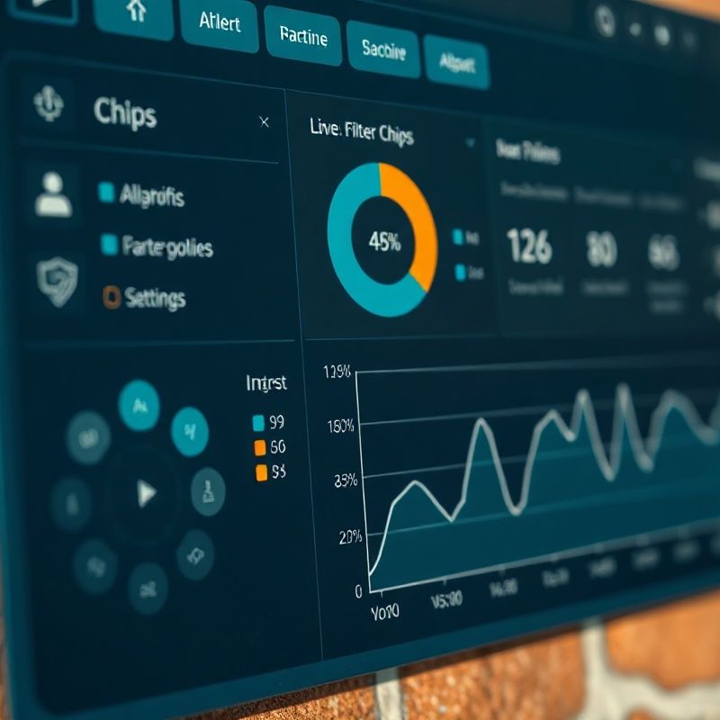 Detalj interaktivnog teal dashboard panela s filter čipovima