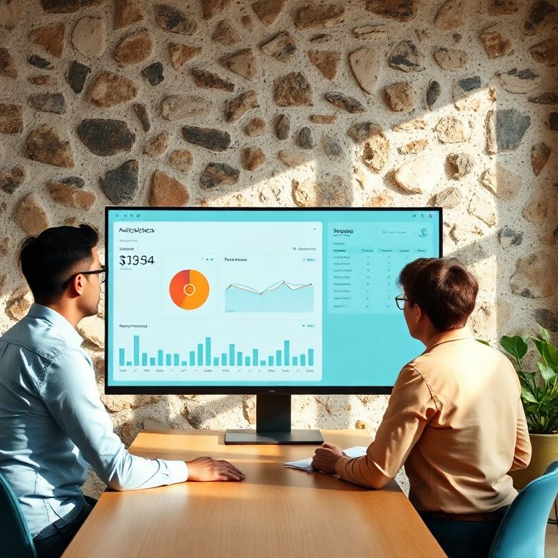 Tim od tri osobe pregledava teal dashboard na velikom monitoru